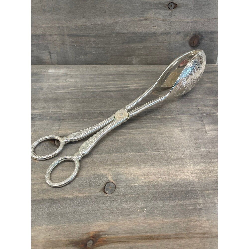 Vintage Silver Plated Scissor-Action Salad Serving Tongs Embossed Floral Design